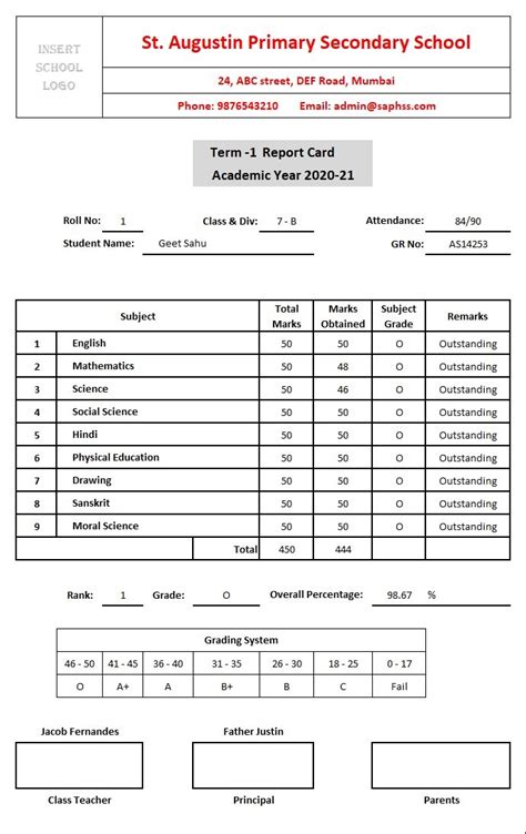 School Report Card And Mark Sheet Excel Template.